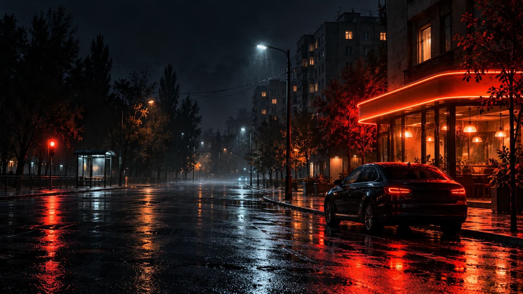Original illustration of a quiet provincial city street at night after rain, with red-orange neon reflected on wet asphalt, a parked dark sedan and apartment blocks in the background.